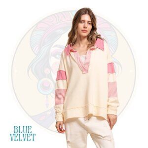 10V BLUE VELVET Washed Cotton Collar Stripe Pullover Pink Cream